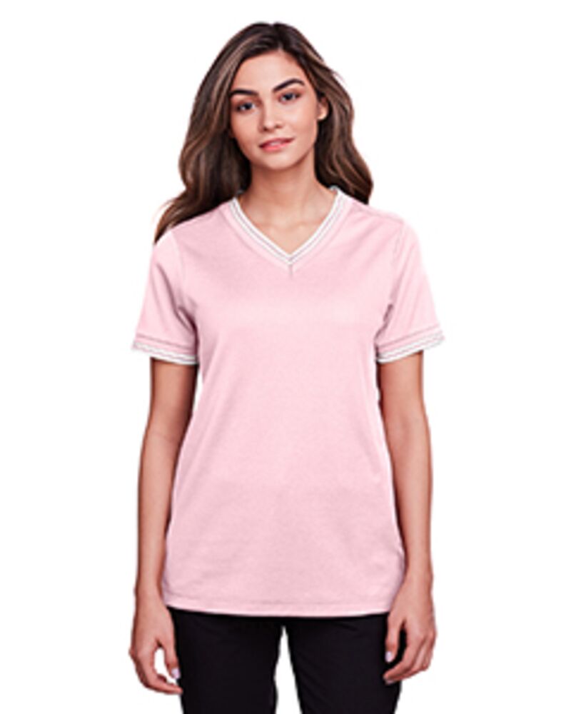 CrownLux Performance® Ladies' Plaited Tipped V-Neck Top Thumbnail